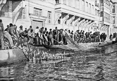 Balıkçılar uskumruları karaya çekerken 1910. Bebek sahili.