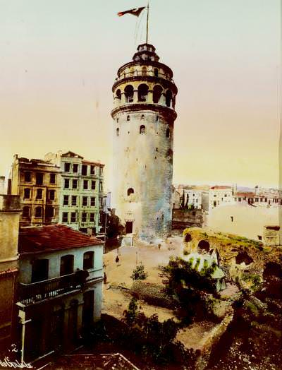 Galata Kulesi Sébah & Joaillier Sonradan Renklendirme Fotoğraf